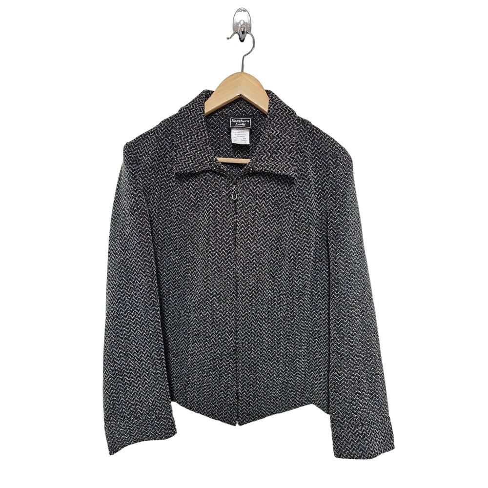 Southern Lady Jacket Womens Size 12 Tweed Full Zip Carpet Black Grey Chevron